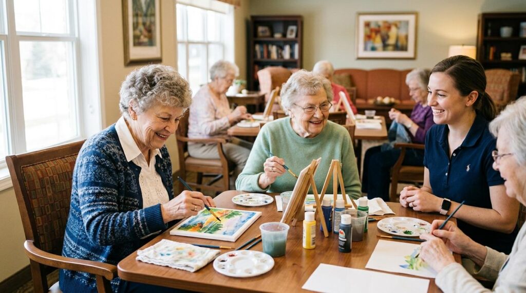 Senior women engaged in an activity at a wooden table