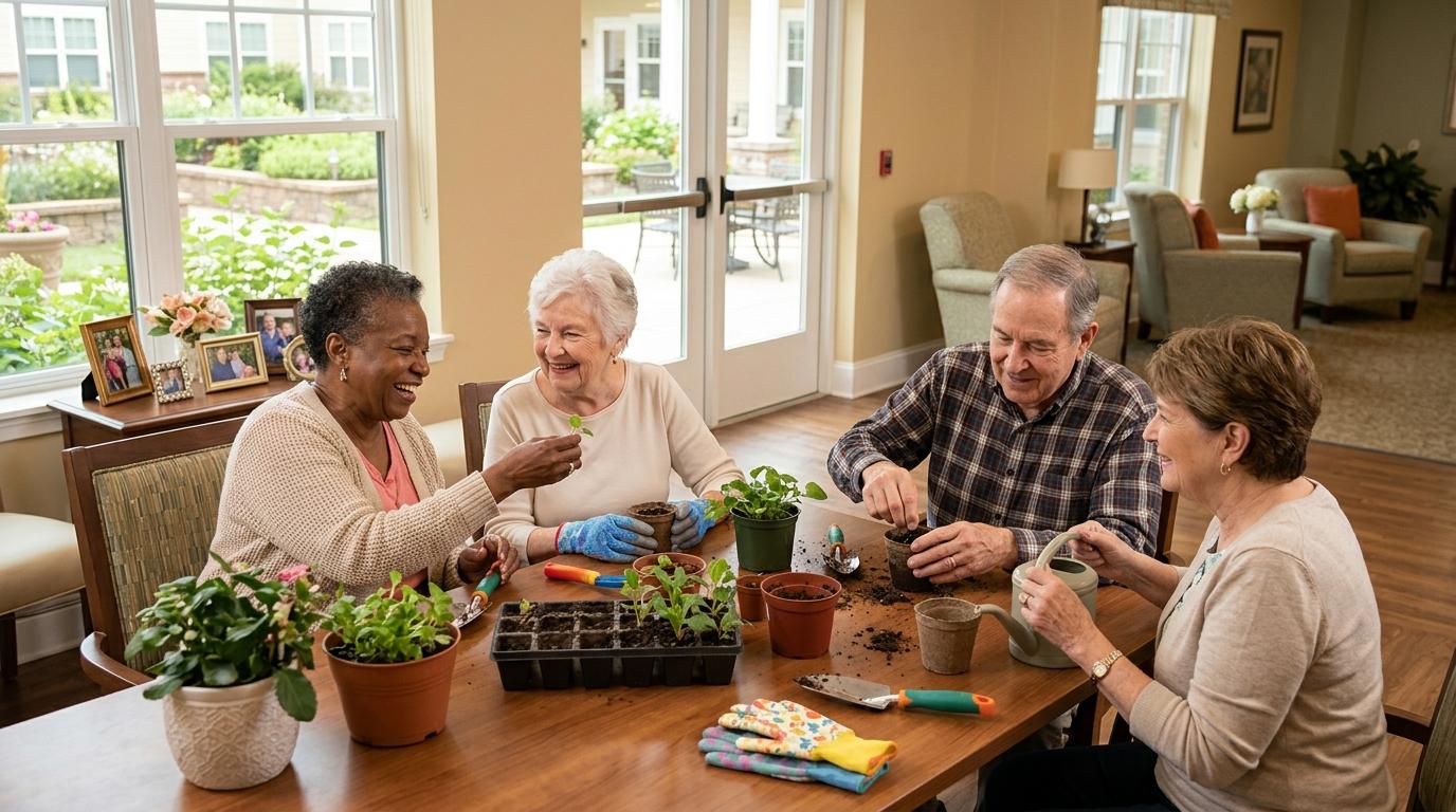Smiling older adults gathered together at a community event in an assisted living setting, enjoying connection and belonging.