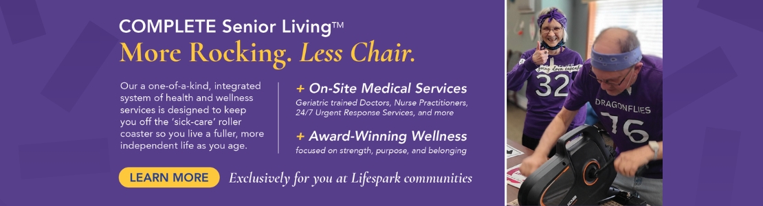 Purple banner ad for Complete Senior Living: 'More Rocking. Less Chair.' with on-site medical services and wellness highlights; seniors using a stationary bike on the right.