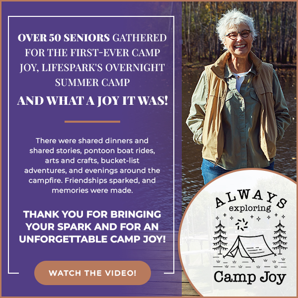 Senior camp promo with purple text panel on the left and a smiling older woman by a lake on the right, featuring a Camp Joy badge and 'Watch the Video' button.