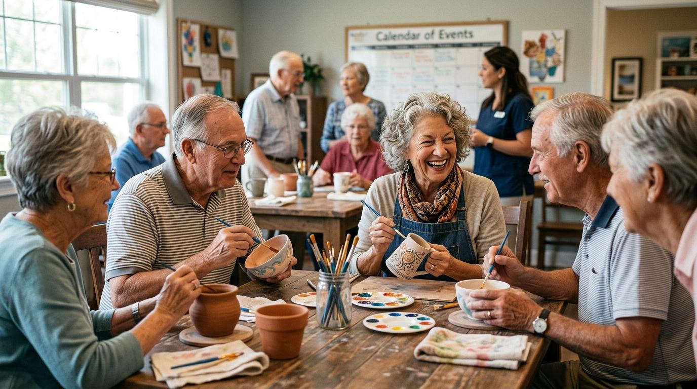Around a wooden table, five smiling seniors chat as they hold a paintbrush to pottery.
